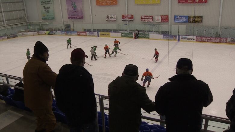 A group of spectators in an arena are seen from the back watching a hockey game.