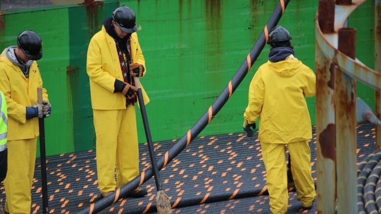 Three workers dressed in yellow rain gear with black hard hats stand on a ship handling cable being installed on the sea floor. 