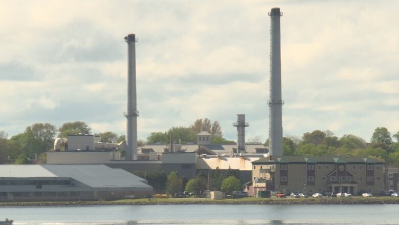 Two smokestacks looming over buildings by the water.