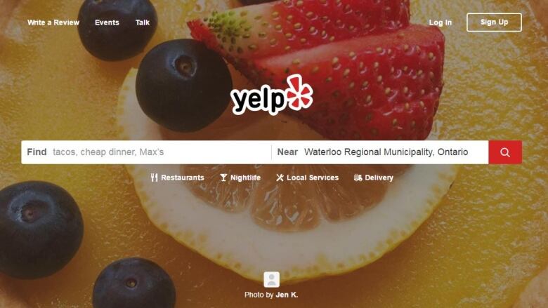 A screenshot shows the home page of the review site Yelp.