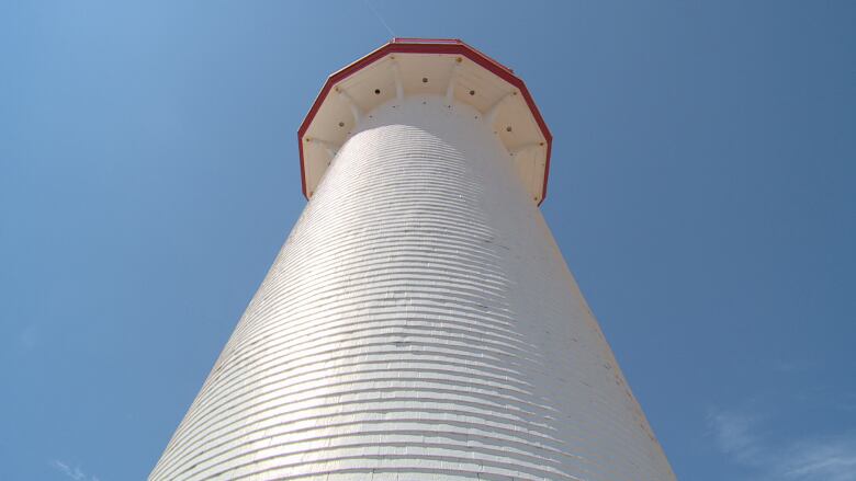 A view looking up at the Point Prim lighthouse 