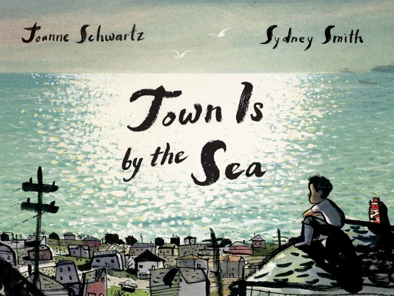 A cartoon book cover of a boy sitting on a roof looking at the sea. 