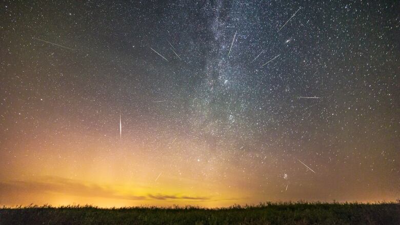 The Perseid meteor shower on peak night of Wednesday, August 12, 2015, showing meteors radiating from the radiant point in northern Perseus, then rising in the northeast sky. One bright sporadic, non-Perseid meteor is at left, and a small sporadic is near the horizon at right. The meteor at far left, top, may be a satellite streak.  The Andromeda Galaxy is at upper right. A dim aurora is at left in the northeast. The setting is a ripening canola field at home.  This is a stack of 16 images, one for the base layer ground and sky, containing a bright meteor, and 15 other images taken as part of the same sequence, each containing a meteor, layered with Photoshop using Lighten blend mode. I rotated each of the additional meteor layers around Polaris at upper left, so the sky aligned closely, putting the meteors in close to their correct position relative to the stars, to accurately illustrate the radiant effect. This was necessary as this sequence was shot with a fixed, non-tracking camera (the Canon 6D) using a 14mm Rokinon lens at f/2.8. Each exposure was 1 minute at ISO 3200. The 16 meteor frames came from a set of 212 frames taken over 3.5 hours. I layered in only the frames with meteors.  Frames were taken from 11 pm to 2:30 am MDT. 