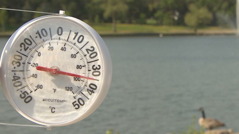 A thermometer reading over 30 degrees sits next to a lake.