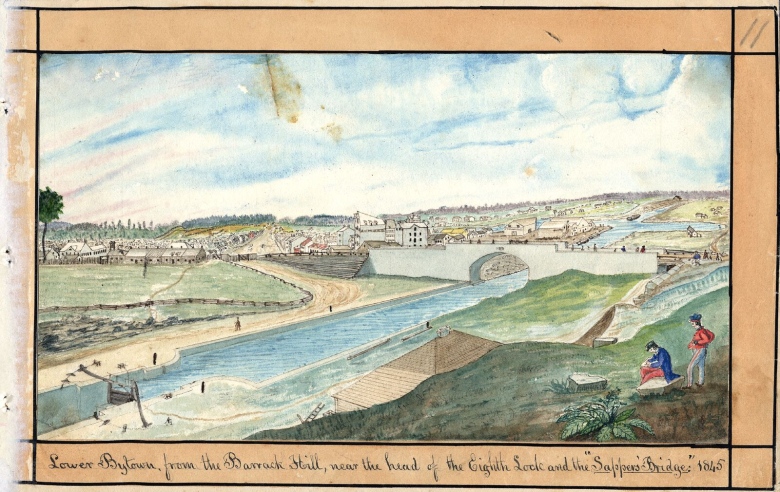 An illustration of a city with a canal when it was a much smaller town in the 1840s.