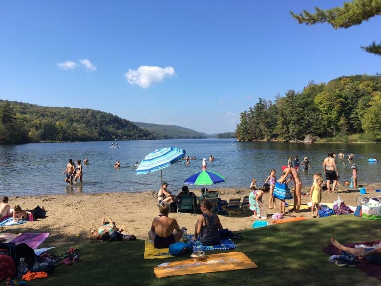 People keep cool at a lakeside beach.