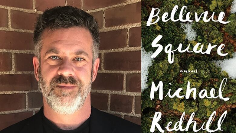 Bellevue Square by Michael Redhill. Book cover shows bird's eye view of treetops. Headshot of the author.