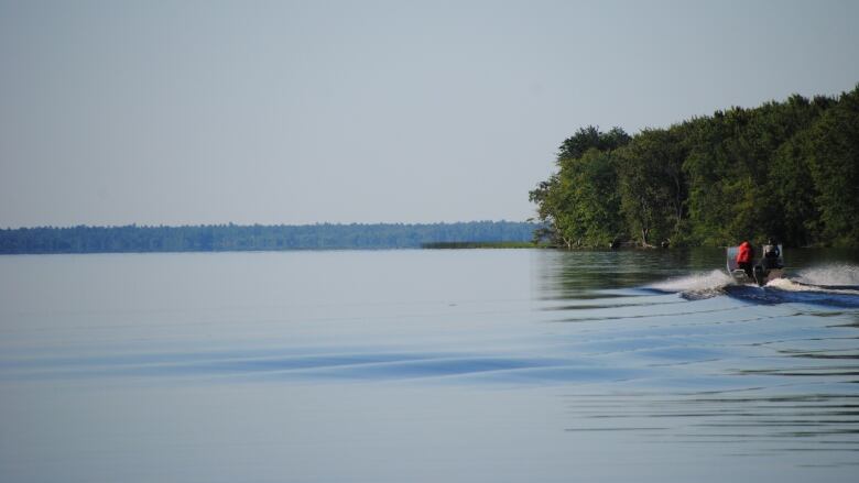 A boat heads out across a calm blue lake with some green forest to the side