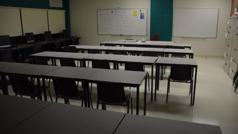 A Cambrian College classroom sits empty on the first day of the strike, with 4,500 students at the Sudbury school and 500,000 across the province staying home. 