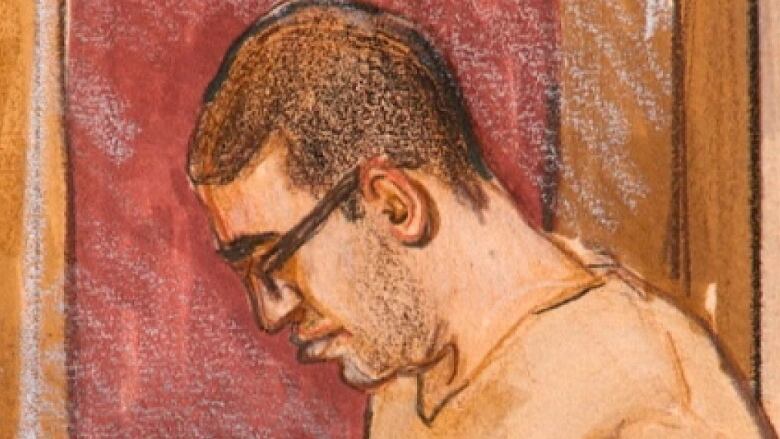 Reza Moazami is shown in profile in a court sketch. He has close-cropped dark hair and is wearing glasses.