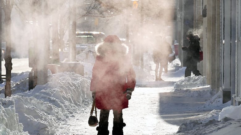 A person walks through Winnipeg on a chilly day.