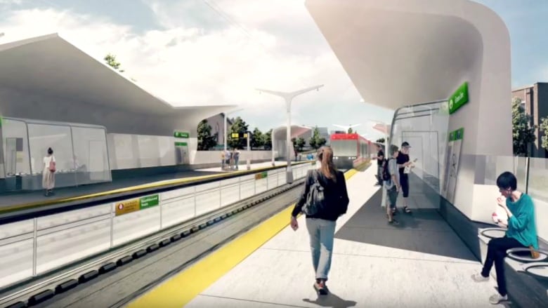 An artist's rendering of an outdoor LRT station.