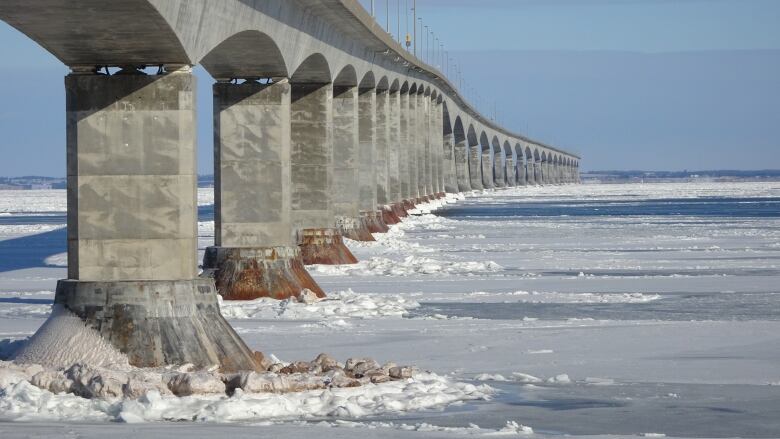 Confederation Bridge with a mix of ice and water on the Northumberland Strait.