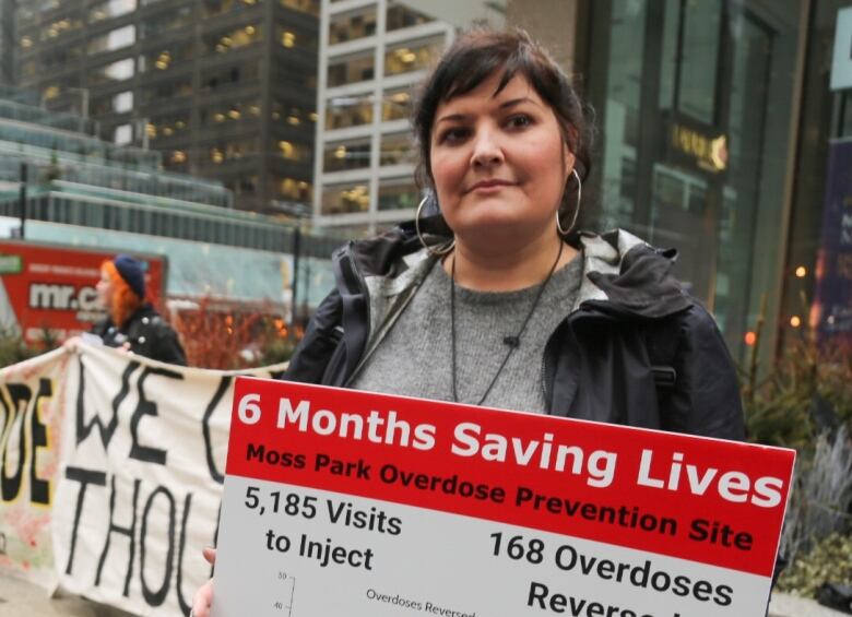 A woman holds a red and white sign that demonstrates the number of overdoses reverse by an overdose prevention site.