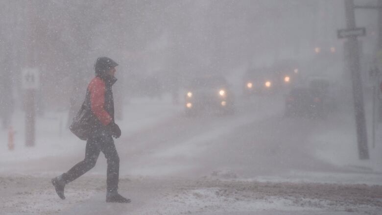 A pedestrian walks through a snowstorm in Halifax on Thursday, March 8, 2018. 