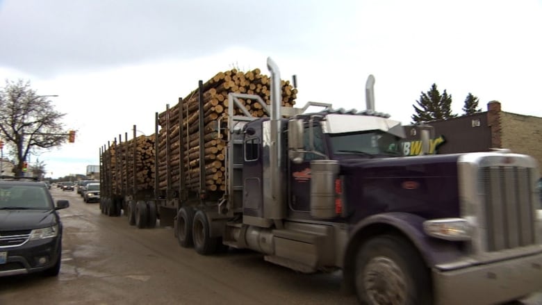 A truck hauls two tandem trailers full of large logs. 