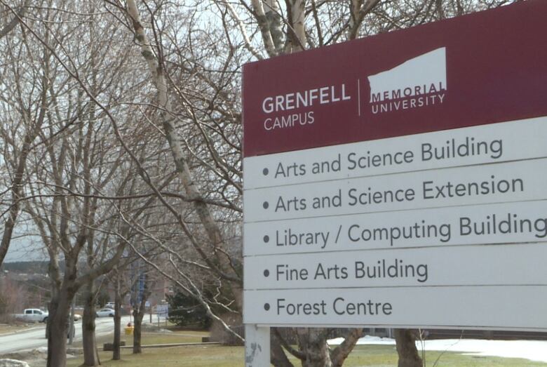 A sign shows different locations on Memorial University's Grenfell Campus in Corner Brook, like the arts and science building, library and fine arts building.