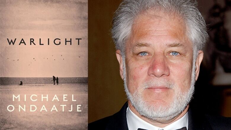 A book cover of two tiny silhouettes and the ocean. A picture of a white man with a white beard, white hair and blue eyes.