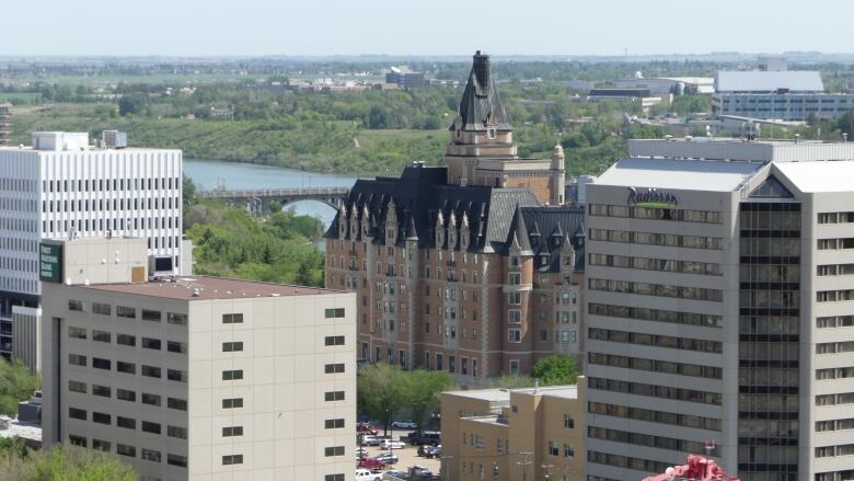 Photo of downtown Saskatoon featuring the Delta Bessborough Hotel. 