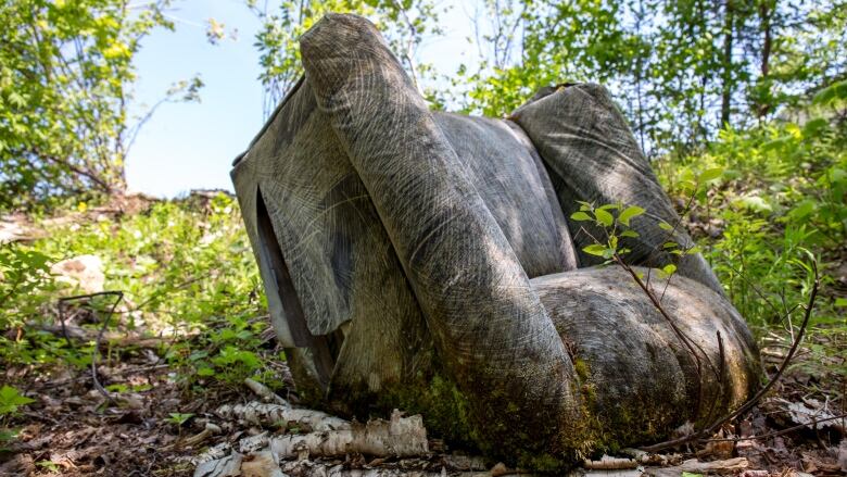 A worn-out, brown armchair on its back among trees.