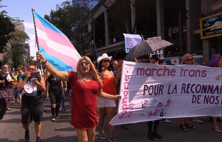 people marching flying trans flags