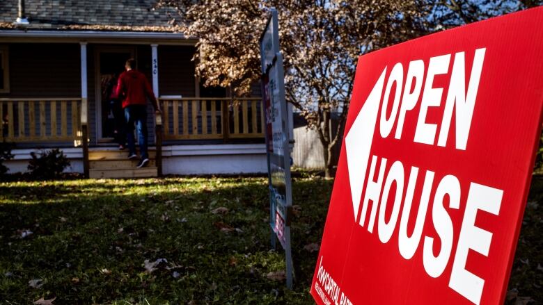 An sign for an open house on a home for sale.