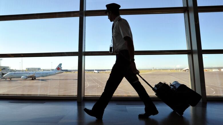 The silhouette of an Air Canada pilot walking through an airport is shown.