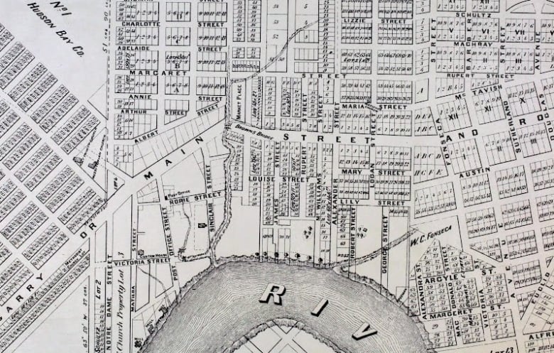 An 1883 map of Winnipeg showing former creeks that ran into the Red River.