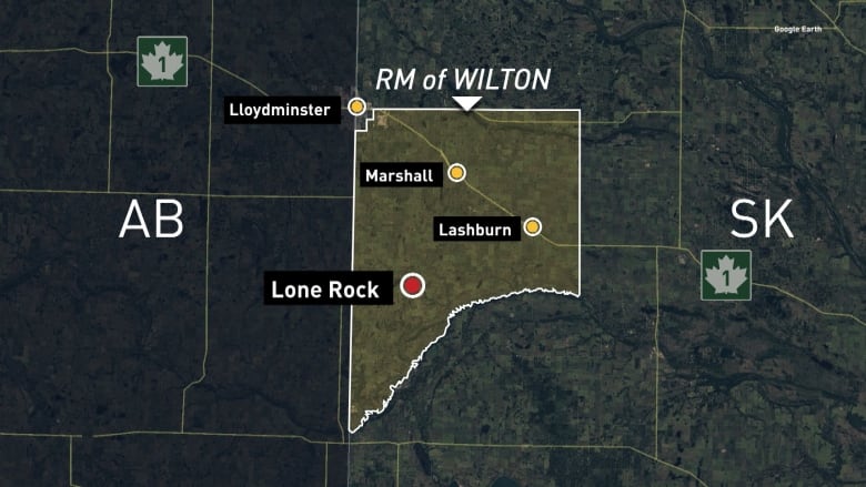 A map shows the Rural Municipality of Wilton and the location of the Hamlet of Lone Rock.