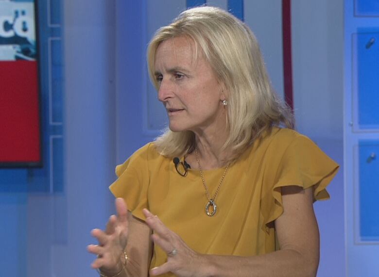 Dr. Heather Morrison gestures while speaking in the Compass television studio.