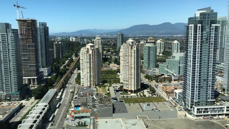 An aerial view of the Metrotown skyline in Burnaby, B.C., is pictured.