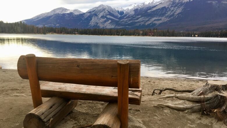 A park bench made of logs sits next to a lake with a mountain range visible on the other side.