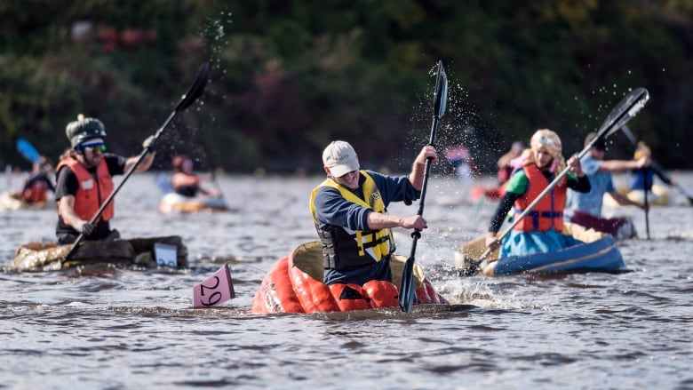 A group of paddlers in pumpkins race alongside each other in a lake.