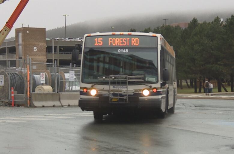 A Metrobus pulls into the bus stop at Memorial University.