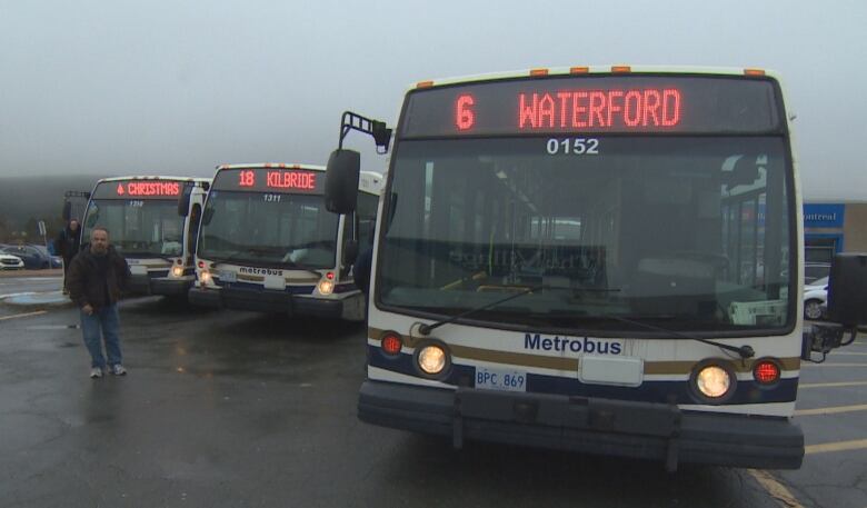 City buses lined up in a parking lot. 