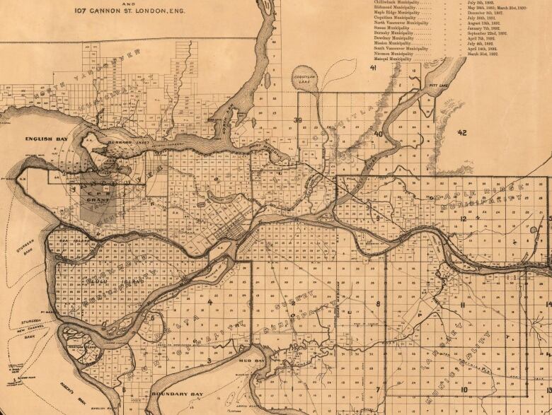 An archival map showing Metro Vancouver in 1892. It is sepia-toned. The only municipalities at the time were North Vancouver, Vancouver, South Vancouver, Burnaby, New Westminster, Coquitlam, Richmond, Delta, Surrey, Langley and Maple Ridge.