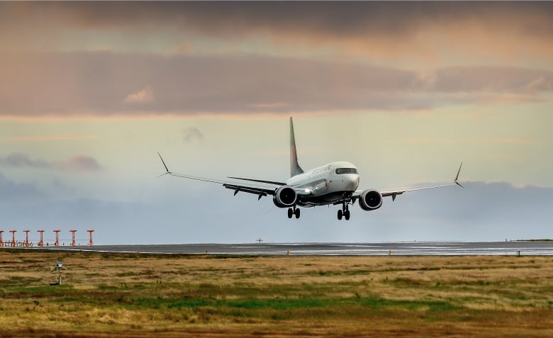 A Boeing 737 MAX-8 lands on a runway.