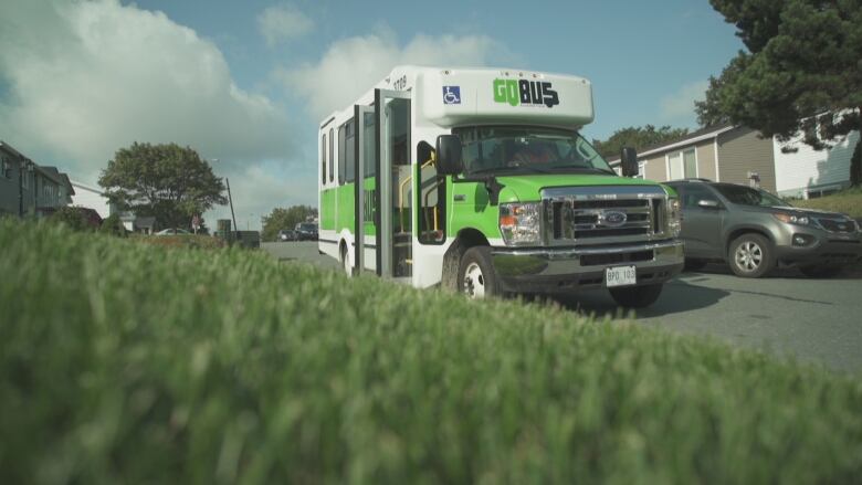 A green and white accessible bus is parked on the side of the road.