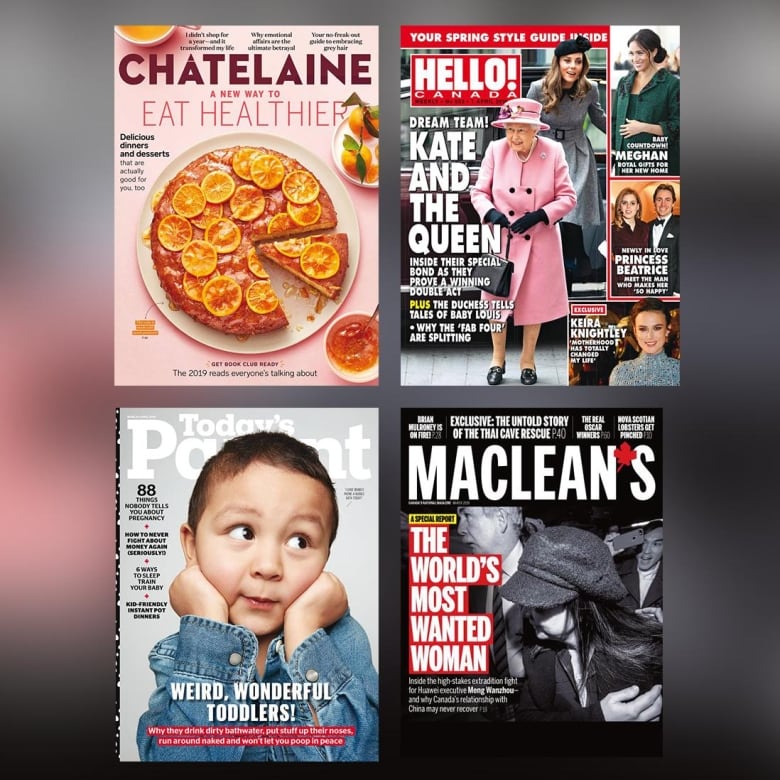 A compilation photo shows various Canadian magazine titles published by St. Joseph's media company, including Chatelaine and Today's Parent. 