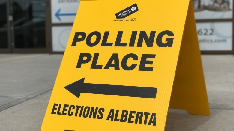 Yellow polling place sign from Elections Alberta.