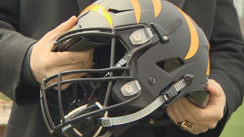 a football helmet on display