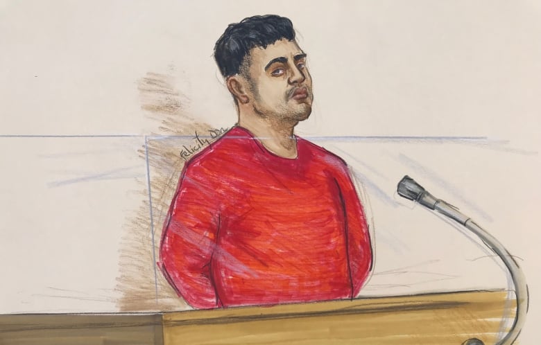 A South Asian man in a court sketch.