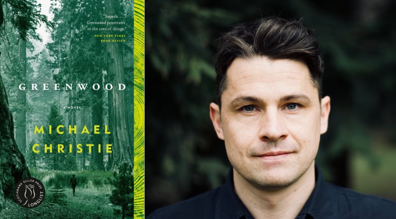 A composite photo of a book cover featuring a green forest and the book's author, a man white short hair looking straight at the camera. 