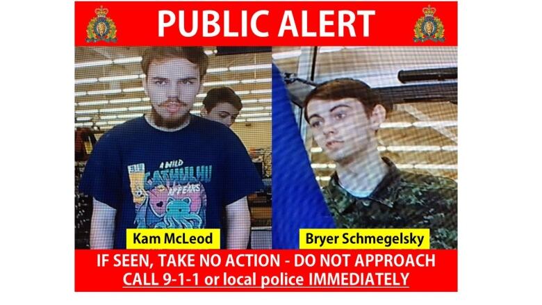 Split screen photos of two young men with the words PUBLIC ALERT above. Their photos are subtitled with two names: Kam McLeod and Bryer Schmegelsky. Below their photos the poster reads, 