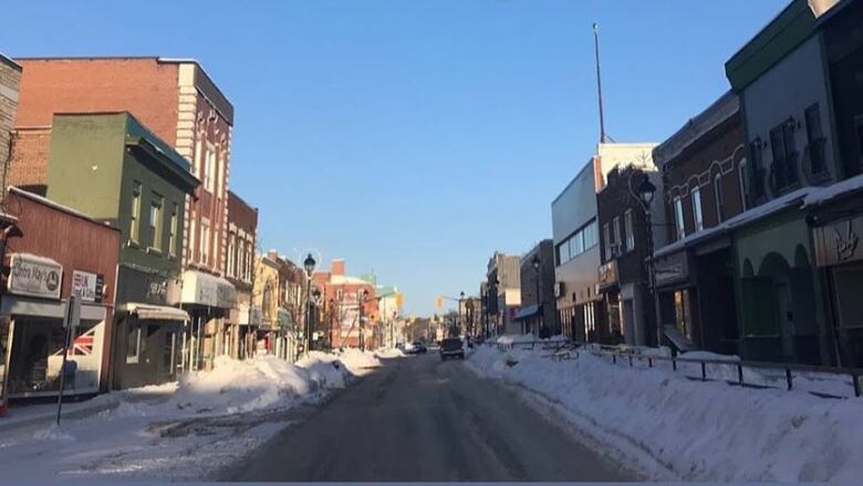 A downtown street in the winter.