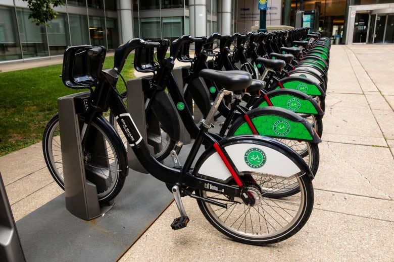 A rack of BikeShare bikes is seen in Toronto.