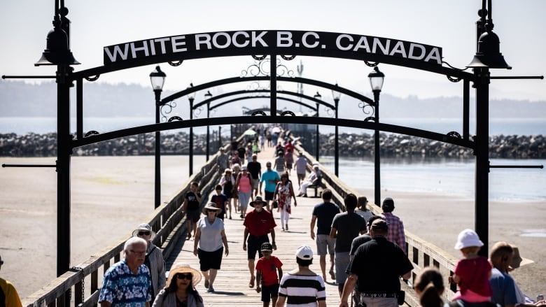 A series of people walk down a long pier. A sign reads 'White Rock B.C. Canada'