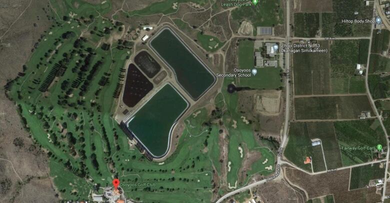 A Google maps image of the Osoyoos sewage lagoons from the air. 