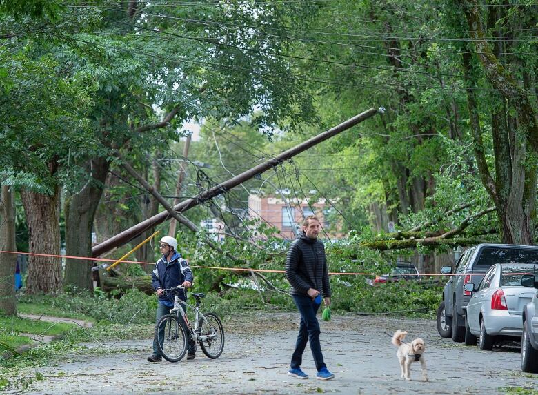 Two men are seen walking in the middle of the street with down power poles and trees behind them. One man is riding a bike and the other is walking a dog