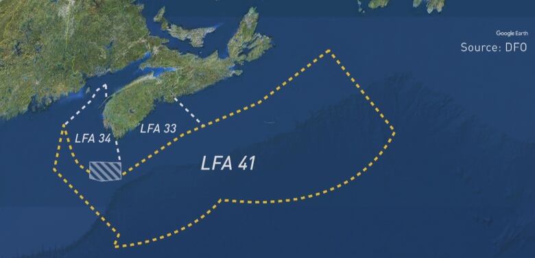 A satellite map of Nova Scotia showing lobster fishing areas to the south of the province.